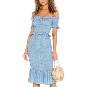 SUBOO "Last Night" Denim Blue Shirred Button Crop Top & Midi Skirt Size 0